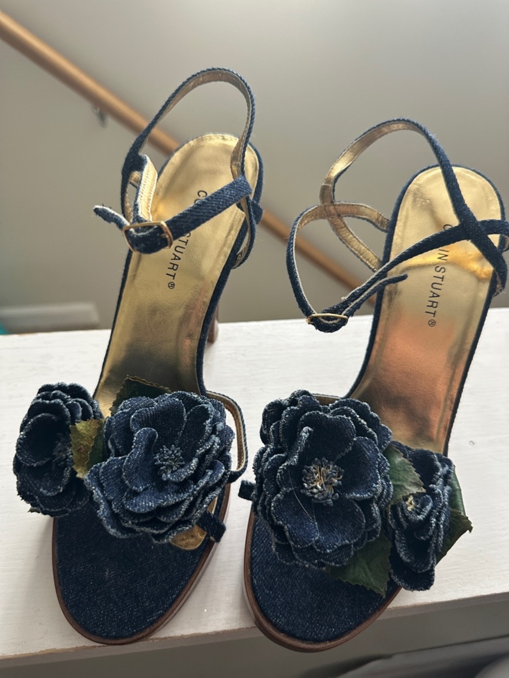 Colin Stuart Navy Denim Floral Slingback Heels
